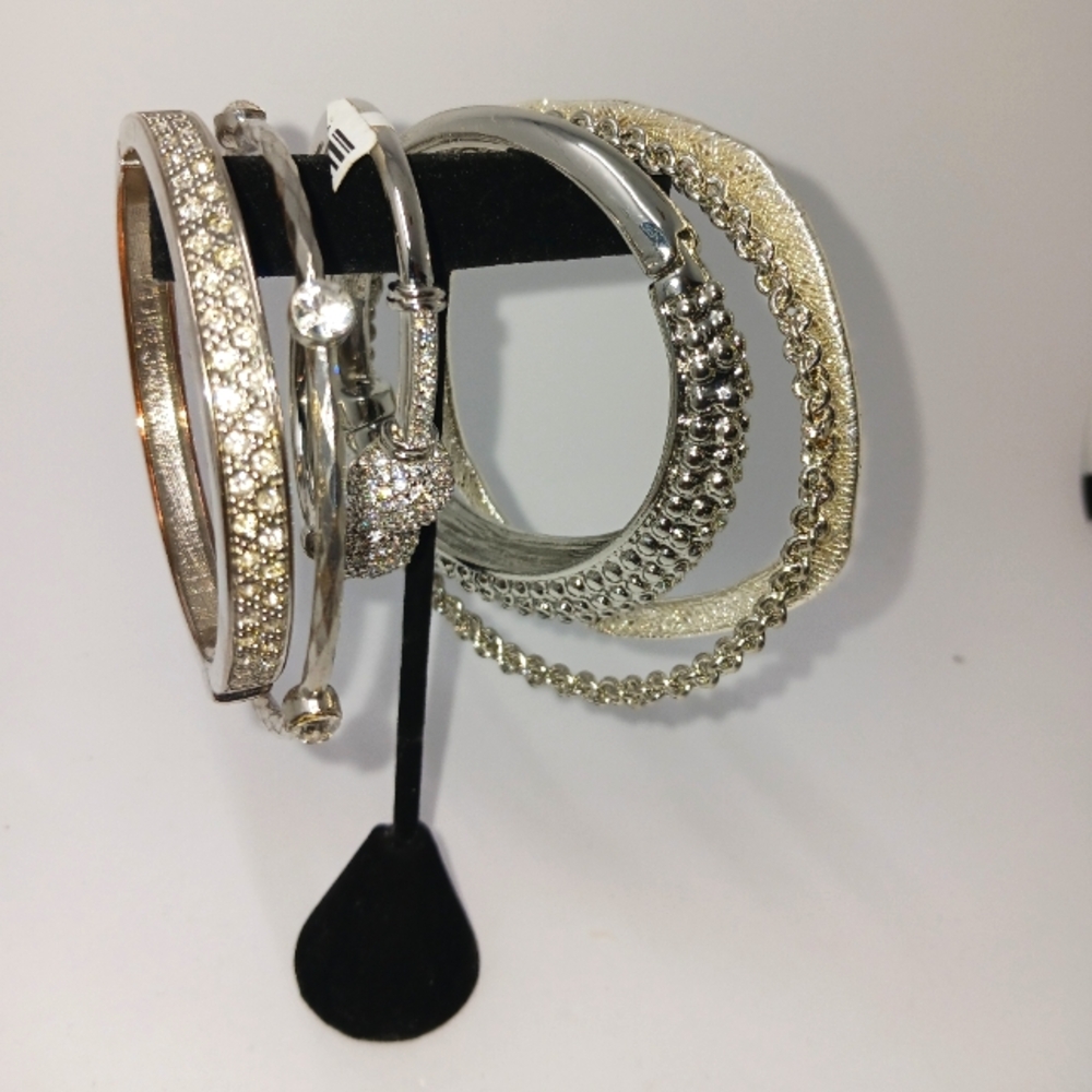 6 Unique Silver-toned Bracelets Texture Rhinestones Cuffs Bangles
